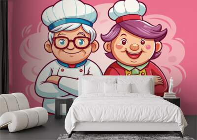 cartoon vector illustration of two happy chefs old woman smiling with folded arms, pink black background Wall mural