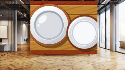 Cartoon vector illustration of two plates on wooden table ,top view, dishes kitchen background Wall mural