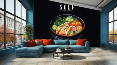 Delicious watercolor bowl of soup with chicken and vegetables in black isolated background Wall mural