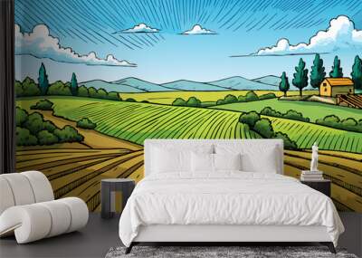 green farm countryside field landscape vector, hand drawn sketch Wall mural