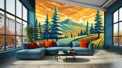 green forest sunset vector with pine trees and mountains, hand drawn sketch Wall mural