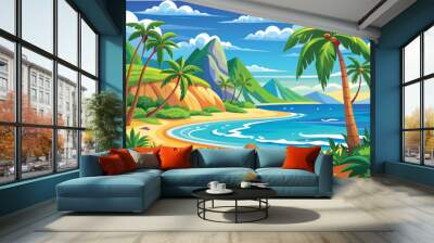 hand drawn painting of beach with palm trees and sea, tropical vector background Wall mural