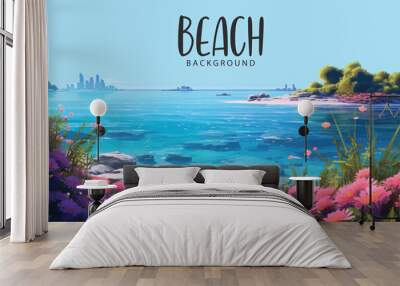 hand drawn painting of tropical summer beach with flowers and stones Wall mural