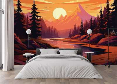 hand drawn painting of valley with river and mountains in sunset time Wall mural