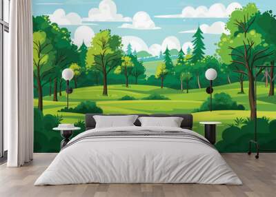 Vector flat green landscape illustration with trees and grass, spring and summer Wall mural