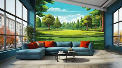 Vector flat green landscape illustration with trees and grass Wall mural