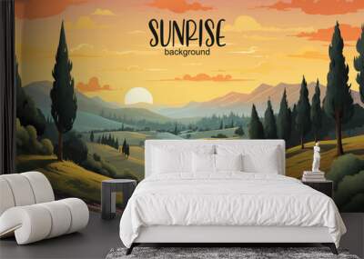 Vector illustration background of the countryside. Hill landscape . Morning scenery with sunrise light, trees and mountain Wall mural