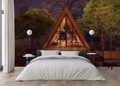 modern triangle home design concepts forest background night view light on 3d illustration Wall mural