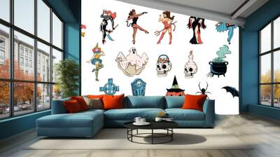 Vector Happy Halloween Characters Cartoon Retro Style Set Illustration Isolated Wall mural