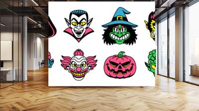 Vector Retro Cartoon Funny Monsters Heads Halloween Set Wall mural