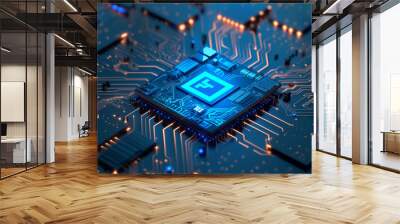 A futuristic digital chip on a sleek motherboard with luminescent circuits. Wall mural