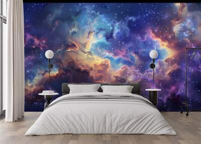 Design a galaxy texture with stars, nebulas, and cosmic swirls in a dark expanse. Wall mural