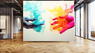 Two artists' hands skillfully mix diverse colors, expressing creativity through a vibrant palette. Capturing the essence of collaboration and the synergy of artistic endeavors. Wall mural