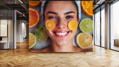 Woman applying an orange cross-section face mask, rich in vitamin C, rejuvenating her skin and providing a boost of nourishment and hydration. Wall mural