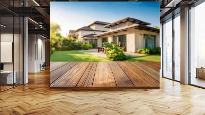 a wood table space with home backyard blurred background with house in garden Wall mural