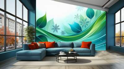 abstract green and blue organic flow with leaves and snowflakes for seasonal designs winter solstice and season cycle concept Wall mural