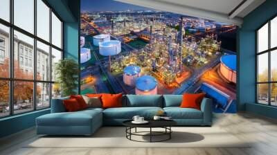 aerial view of oil and gas petrochemical industrial with refinery factory industrial area buildings scenery at night high angle view Wall mural