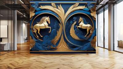 An elegant sculpture of blue and gold flowers and horses Wall mural