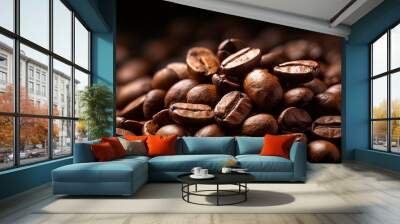 brown roasted coffee beans closeup on dark background Wall mural