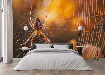 brown white spider sitting on a web in sunny autumn day Wall mural