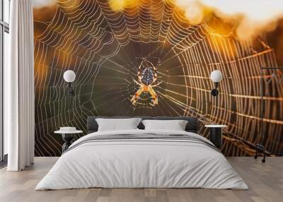 brown white spider sitting on a web in sunny autumn day Wall mural