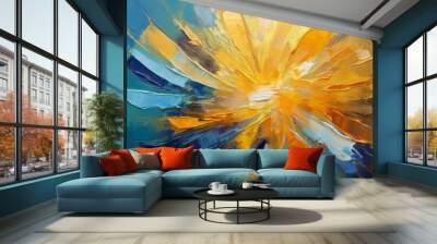 Closeup of abstract rough gold blue sun explosion painting texture, with oil brushstroke, pallet knife paint on canvas - Art background Wall mural