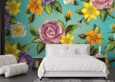 Colorful Spring Background with Multicolored Flowers. Floral Wallpaper with Purple and Pink Roses. Wall mural