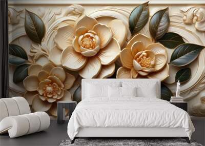 Detailed stucco relief depicting camellia flowers, showing lush petals and glossy leaves Wall mural