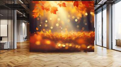 fall scene bokeh effect trees and leaves in sunlight rays Wall mural