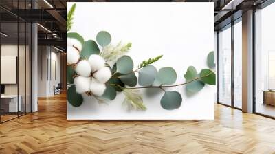 flying cotton flowers green twigs of eucalyptus isolated on white background with clipping path floral background with cut out fluffy cotton flowers composition greeting card mockup Wall mural