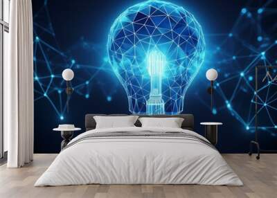 Low poly style design with a glowing blue light bulb. Abstract geometric background with wireframe light connection structure. Isolated modern illustration with a modern 3d graphic concept. Wall mural