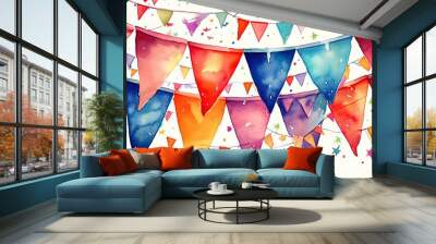 set carnival garlands with flags birthday party decoration string of flags banner background decorative colorful party pennants for birthday celebration festival and fair decoration watercolor Wall mural