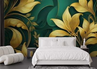 This is a rich gold decoration art wallpaper with a green background. It has a floral pattern with golden leaves, a plant and bamboo of curvature of the line, and a golden background. Wall mural