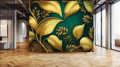 This is a rich gold decoration art wallpaper with a green background. It has a floral pattern with golden leaves, a plant and bamboo of curvature of the line, and a golden background. Wall mural