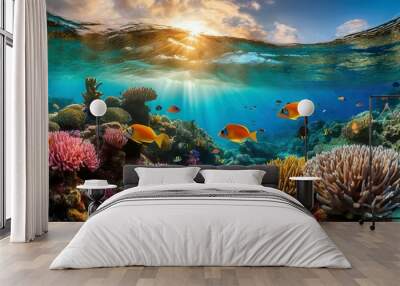 Vibrant underwater coral reef with tropical fish Wall mural