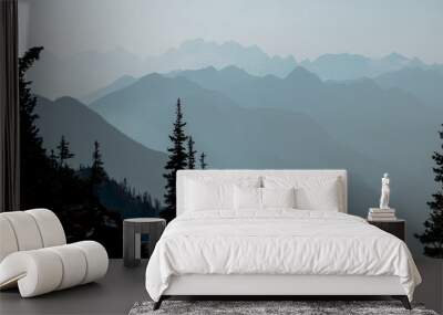 High mountain peak and range at the top of maple pass hike in north cascades national park in northern washington state united states of america with blue sky for copy space. Showing layers of blue. Wall mural