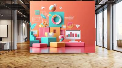 3D Illustration of colorful summer travel and vacation planning concept with charts, graphs, and symbols. Perfect for tourism, marketing, and business. Wall mural