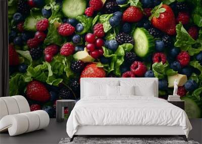 A Close-Up of a Fresh Salad with Various Berries, Cucumber, and Greens Wall mural