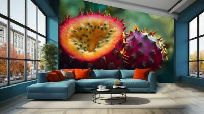 A Close-Up of a Spiky Red Fruit with Seeds Visible Wall mural