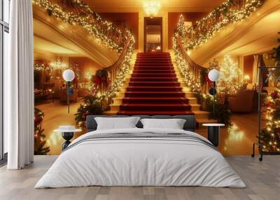 A Festive Staircase Adorned with Christmas Lights and Garlands Wall mural