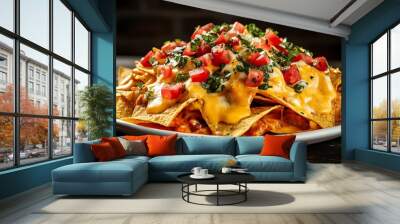 A Plate of Nachos with Melted Cheese, Tomatoes, and Cilantro Wall mural