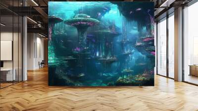 An underwater city of floating structures and vibrant lights Wall mural