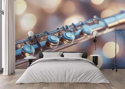 Close-up of a Silver Flute with Bokeh Lights Wall mural