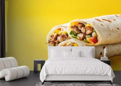 Close-up of Two Partially Unwrapped Burritos with Meat and Vegetables Wall mural