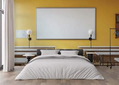 Empty Classroom with Whiteboard and Wooden Desks Wall mural