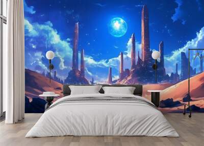 Futuristic City Ruins in a Desolate Desert Landscape Under a Starry Sky Wall mural