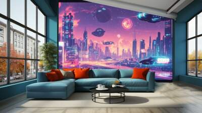 Futuristic Cityscape with Flying Vehicles and a Starry Night Sky Wall mural