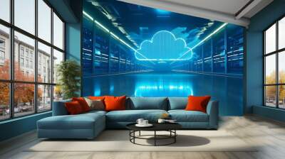 Glowing blue cloud in futuristic server room with bright lights Wall mural