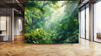 Lush Sunlight Filtering Through the Dense Green Canopy of a Tropical Rainforest Wall mural