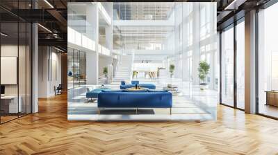 Modern, bright, and spacious open plan office interior with blue sofas and city views. Concept of collaborative workspace design, corporate environment, and startup culture. Wall mural